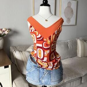 Orange Retro Geo V-Neck Top
